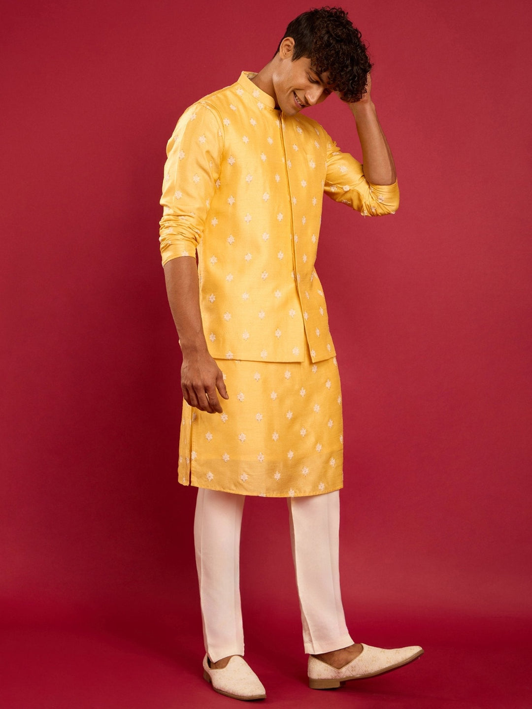 Men's Yellow Silk Blend Nehru Jacket - view 6