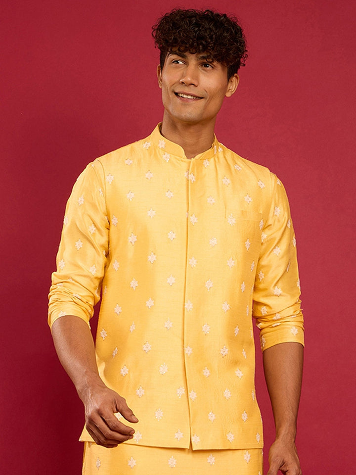 Men's Yellow Silk Blend Nehru Jacket - view 3