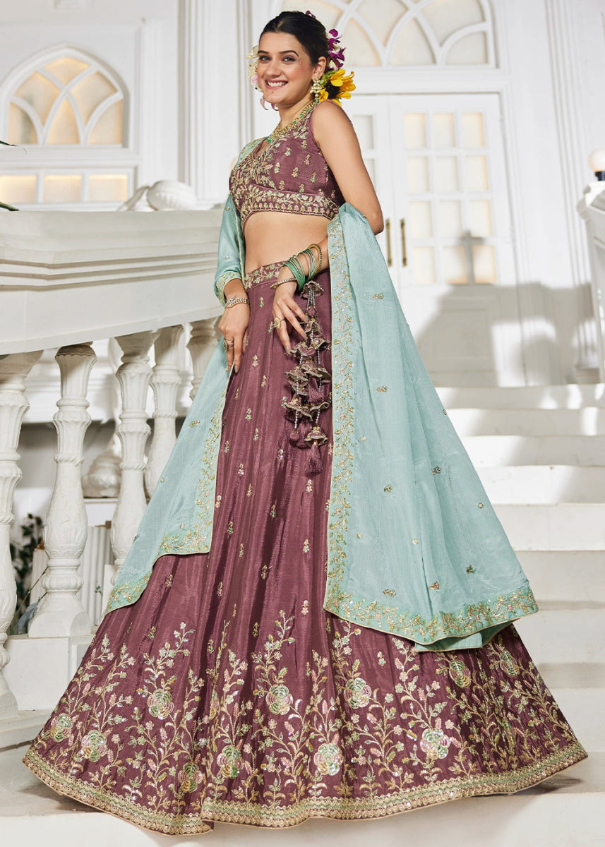 Merlot Purple Lehenga Choli with Floral Sequin Detailing on Chiffon Silk - House of Sarvati LLC