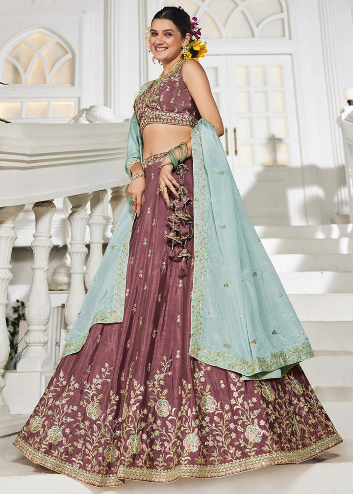 Merlot Purple Lehenga Choli with Floral Sequin Detailing on Chiffon Silk - House of Sarvati LLC