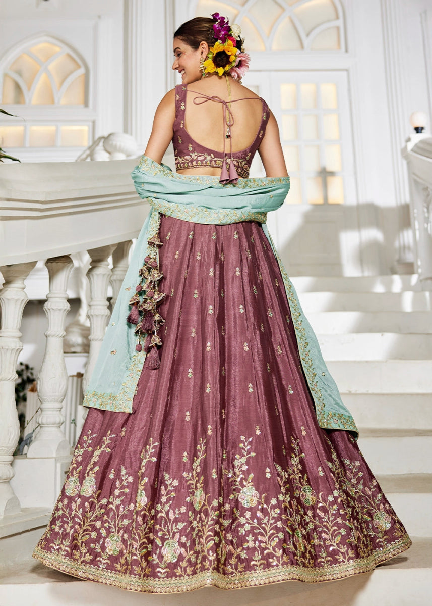 Merlot Purple Lehenga Choli with Floral Sequin Detailing on Chiffon Silk - House of Sarvati LLC