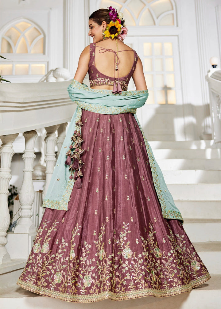 Merlot Purple Lehenga Choli with Floral Sequin Detailing on Chiffon Silk - House of Sarvati LLC