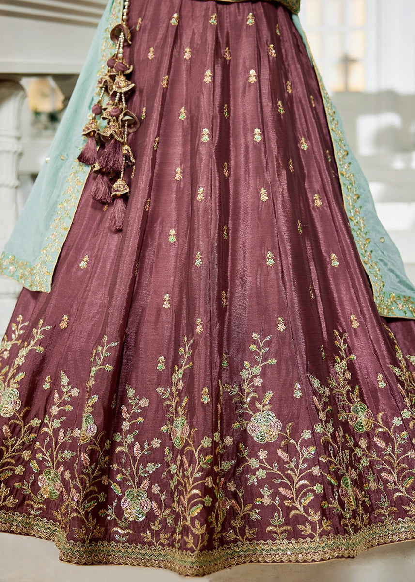 Merlot Purple Lehenga Choli with Floral Sequin Detailing on Chiffon Silk - House of Sarvati LLC