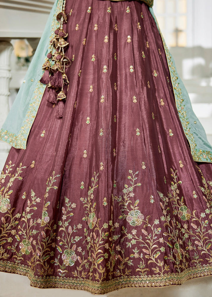 Merlot Purple Lehenga Choli with Floral Sequin Detailing on Chiffon Silk - House of Sarvati LLC