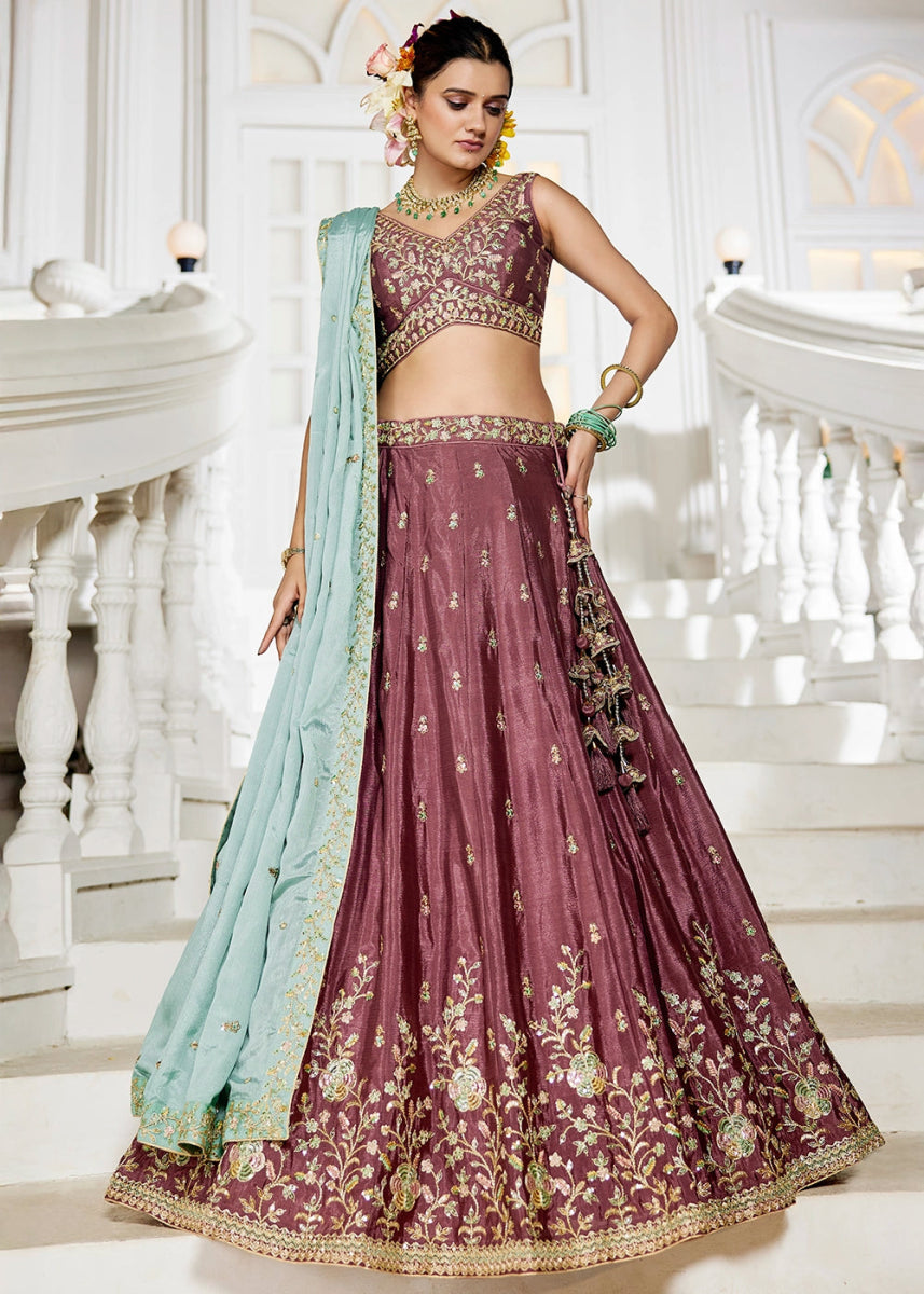 Merlot Purple Lehenga Choli with Floral Sequin Detailing on Chiffon Silk - House of Sarvati LLC