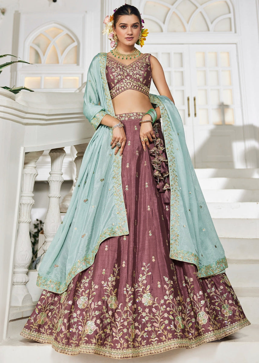 Merlot Purple Lehenga Choli with Floral Sequin Detailing on Chiffon Silk - House of Sarvati LLC