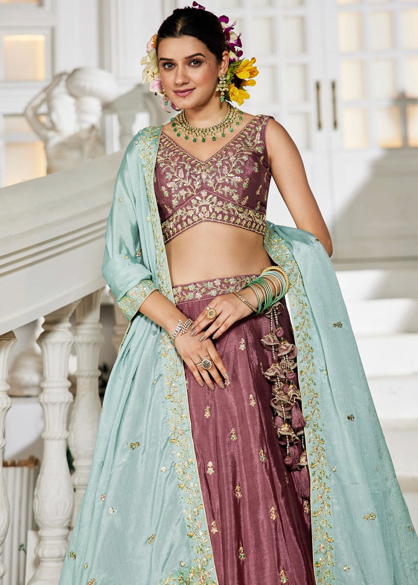 Merlot Purple Lehenga Choli with Floral Sequin Detailing on Chiffon Silk - House of Sarvati LLC