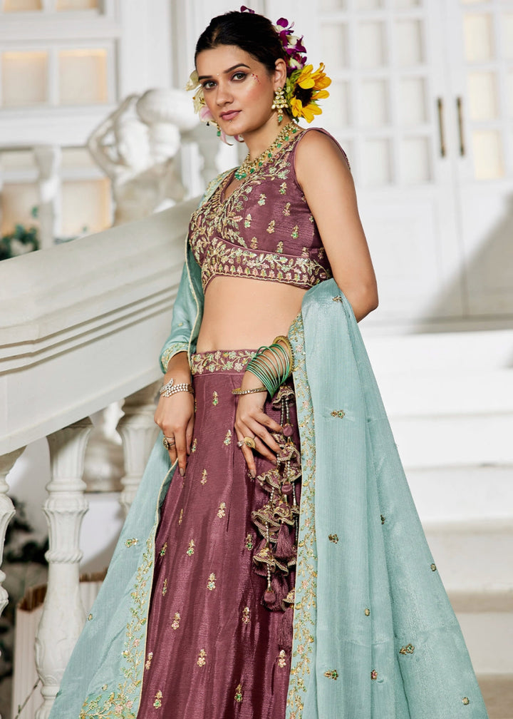 Merlot Purple Lehenga Choli with Floral Sequin Detailing on Chiffon Silk - House of Sarvati LLC