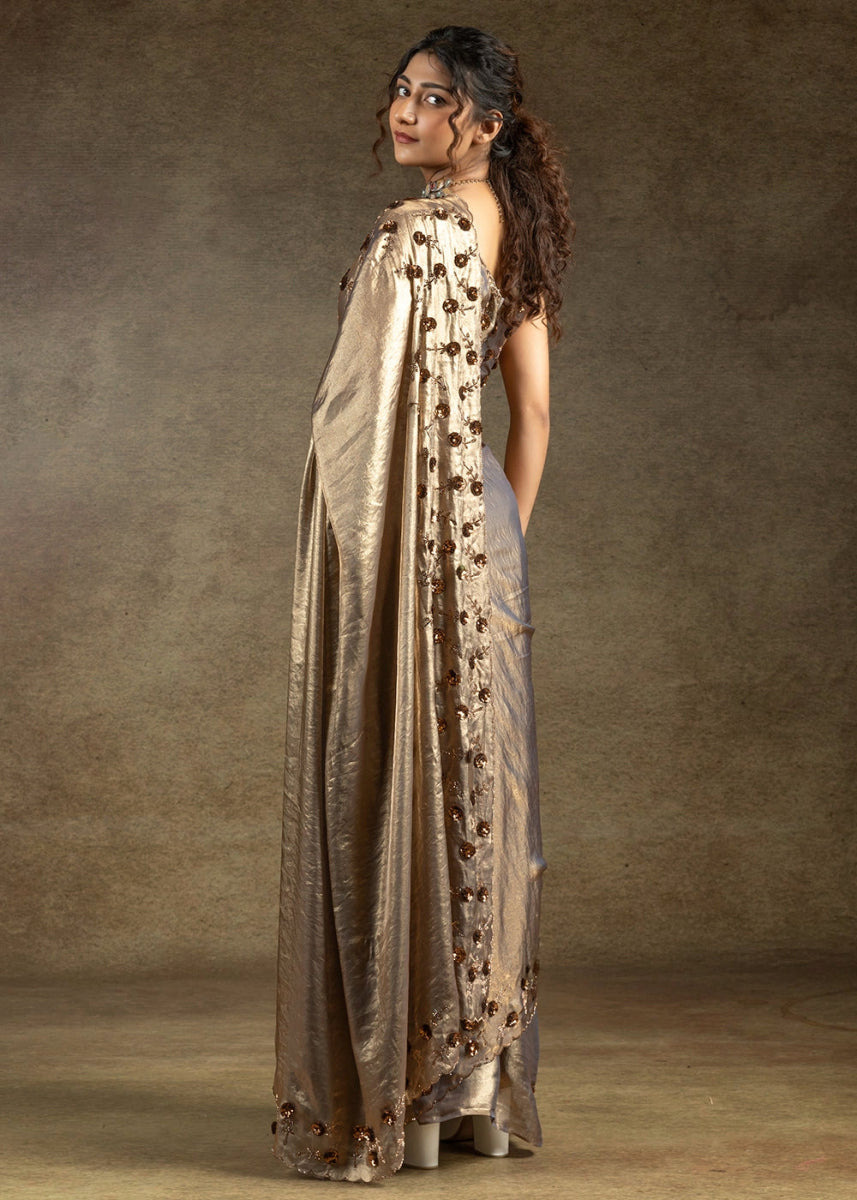 Metallic Grey Two Tone Satin Silk Saree with Intricate Zarkan, Sequin & Bead Work - House of Sarvati LLC