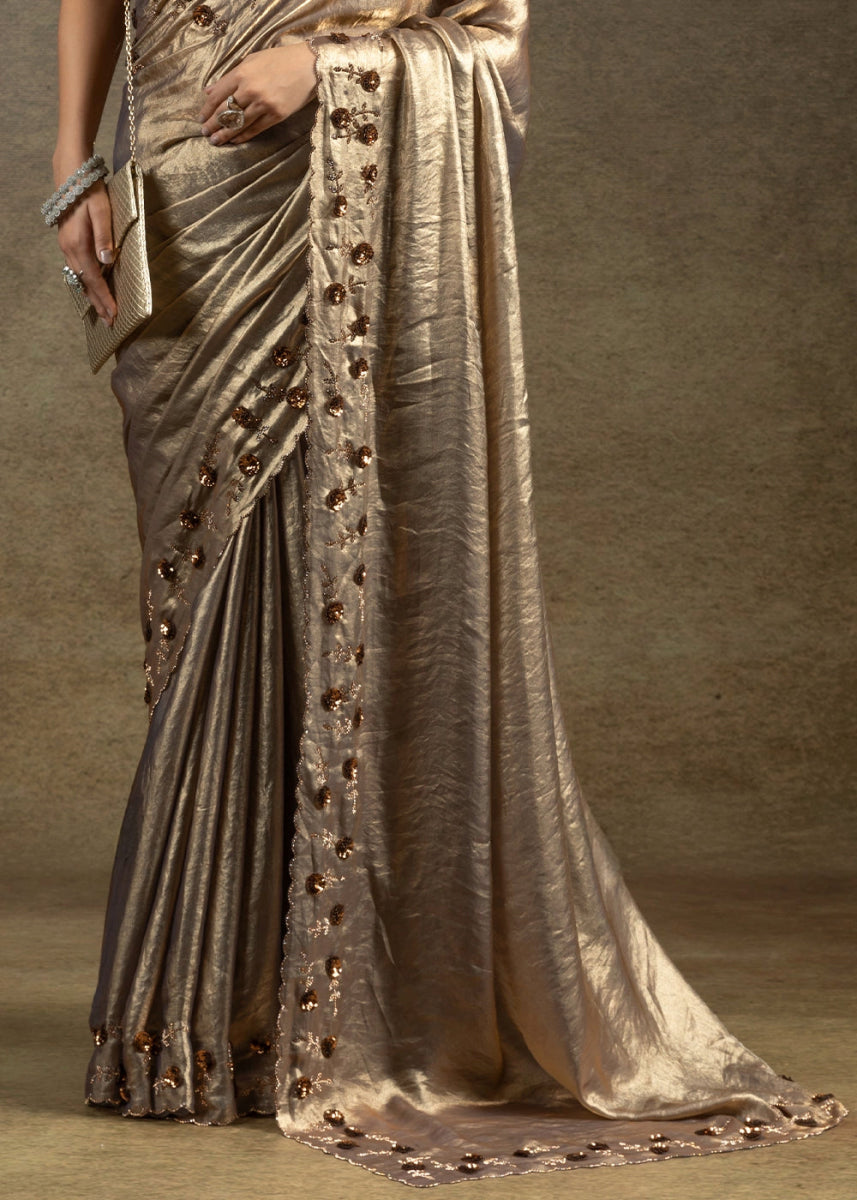 Metallic Grey Two Tone Satin Silk Saree with Intricate Zarkan, Sequin & Bead Work - House of Sarvati LLC