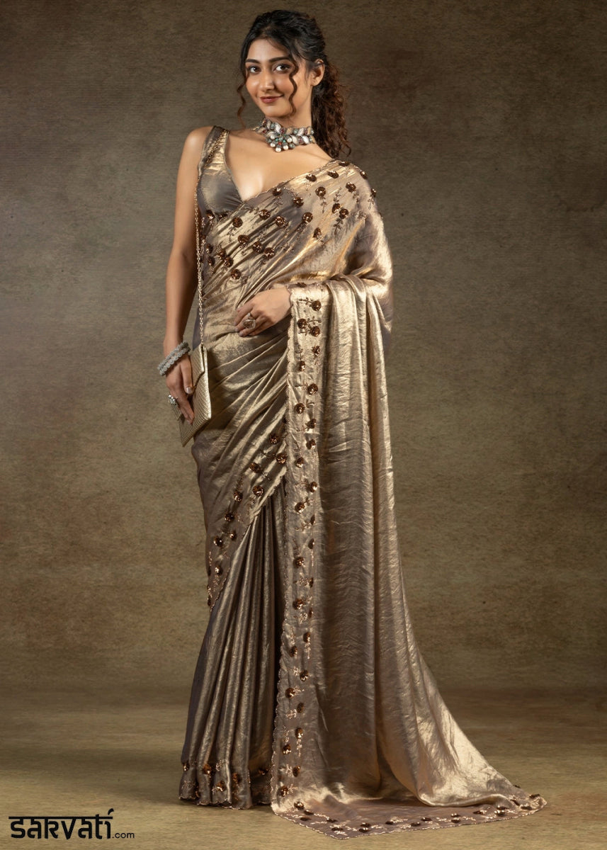 Metallic Grey Two Tone Satin Silk Saree with Intricate Zarkan, Sequin & Bead Work - House of Sarvati LLC