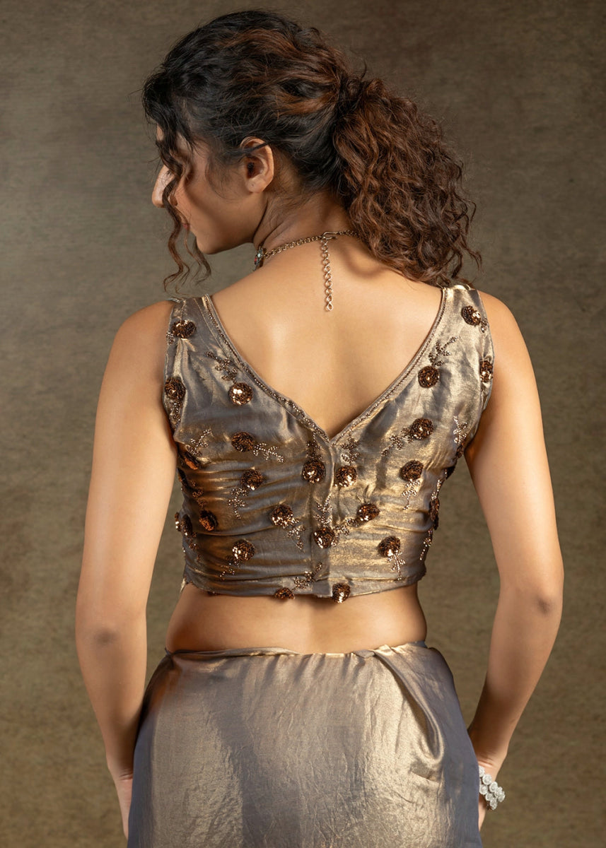 Metallic Grey Two Tone Satin Silk Saree with Intricate Zarkan, Sequin & Bead Work - House of Sarvati LLC
