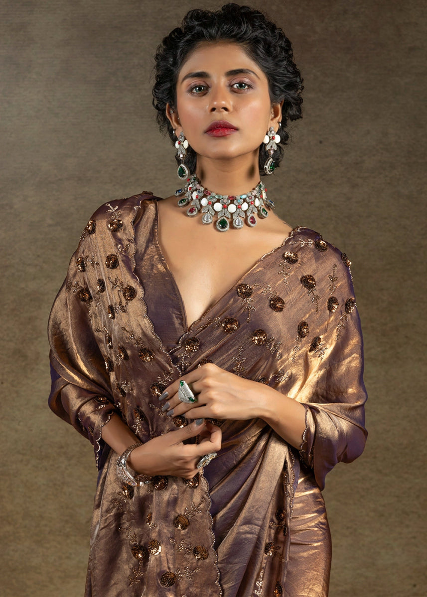 Metallic Purple Two Tone Satin Silk Saree with Intricate Zarkan, Sequin & Bead Work - House of Sarvati LLC