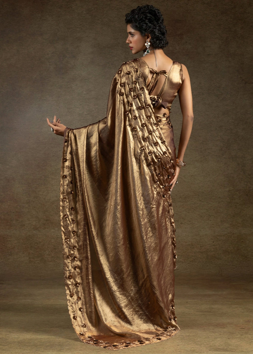 Metallic Purple Two Tone Satin Silk Saree with Intricate Zarkan, Sequin & Bead Work - House of Sarvati LLC