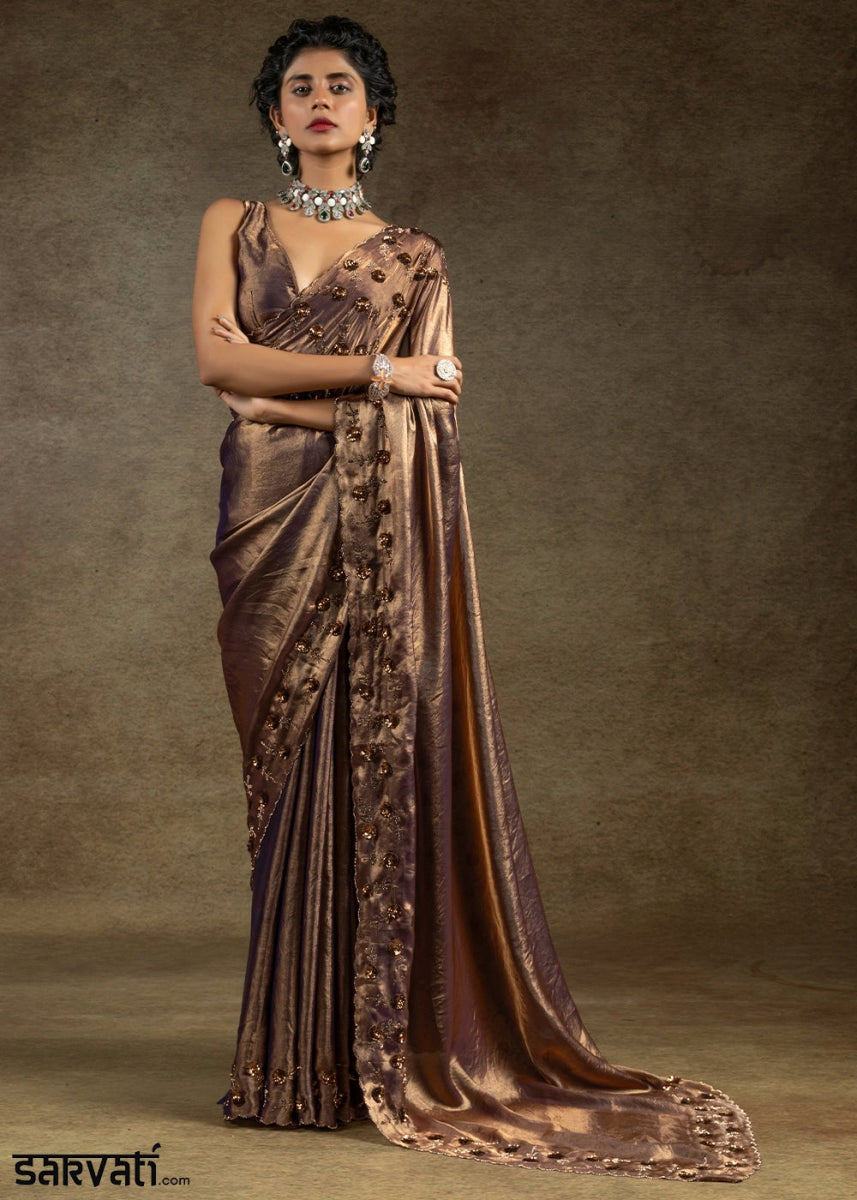 Metallic Purple Two Tone Satin Silk Saree with Intricate Zarkan, Sequin & Bead Work - House of Sarvati LLC