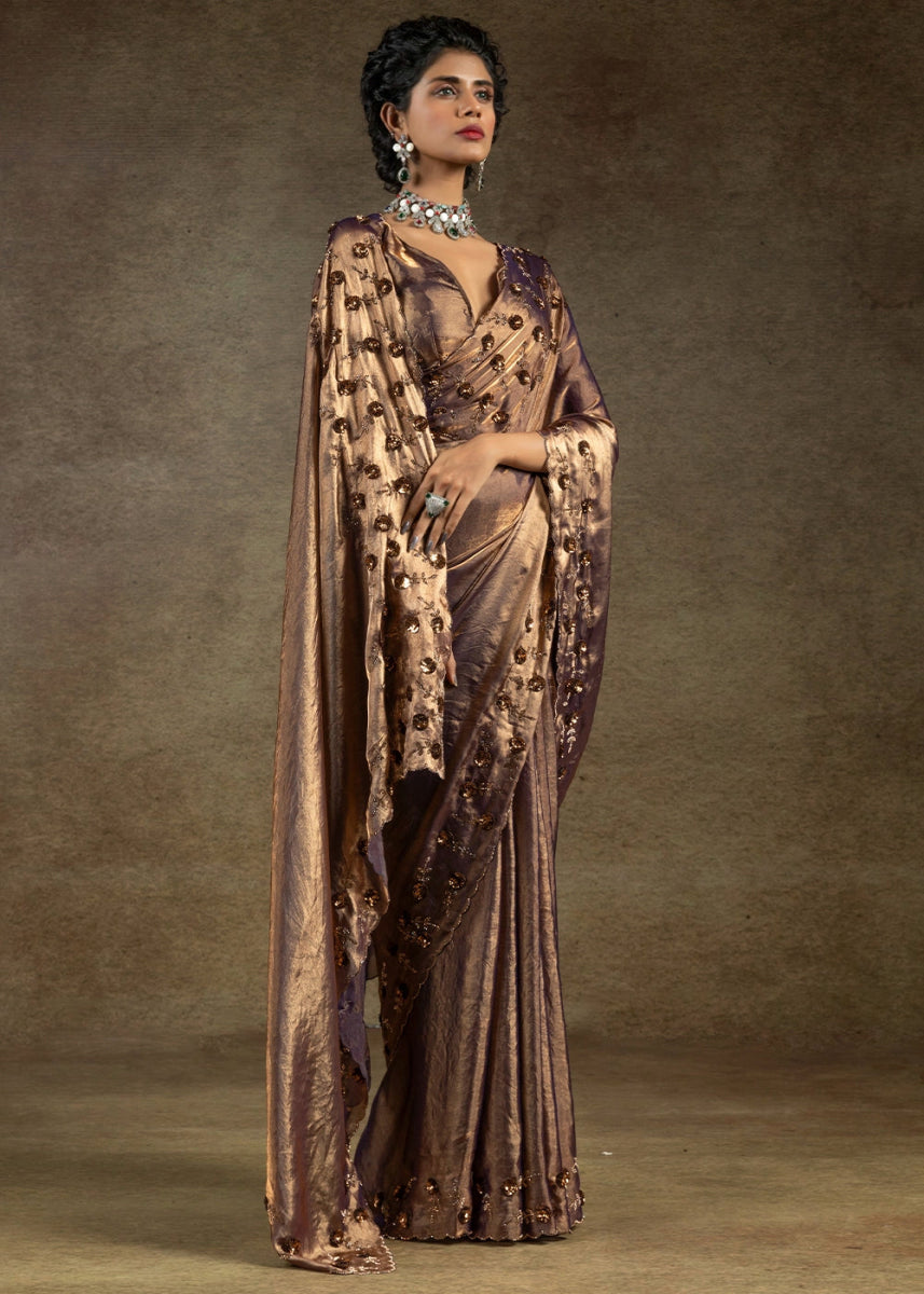 Metallic Purple Two Tone Satin Silk Saree with Intricate Zarkan, Sequin & Bead Work - House of Sarvati LLC