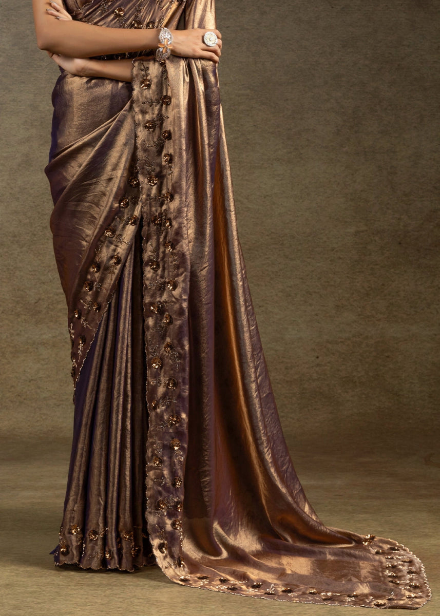 Metallic Purple Two Tone Satin Silk Saree with Intricate Zarkan, Sequin & Bead Work - House of Sarvati LLC