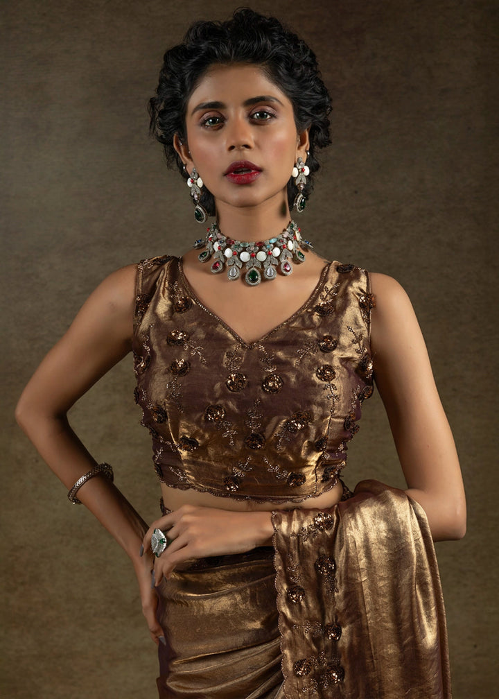 Metallic Purple Two Tone Satin Silk Saree with Intricate Zarkan, Sequin & Bead Work - House of Sarvati LLC