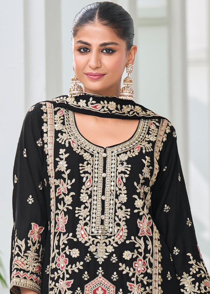 Mid Night Black Chinon Silk Palazzo Suit with Exquisite Embroidery - Eid Edition - House of Sarvati LLC