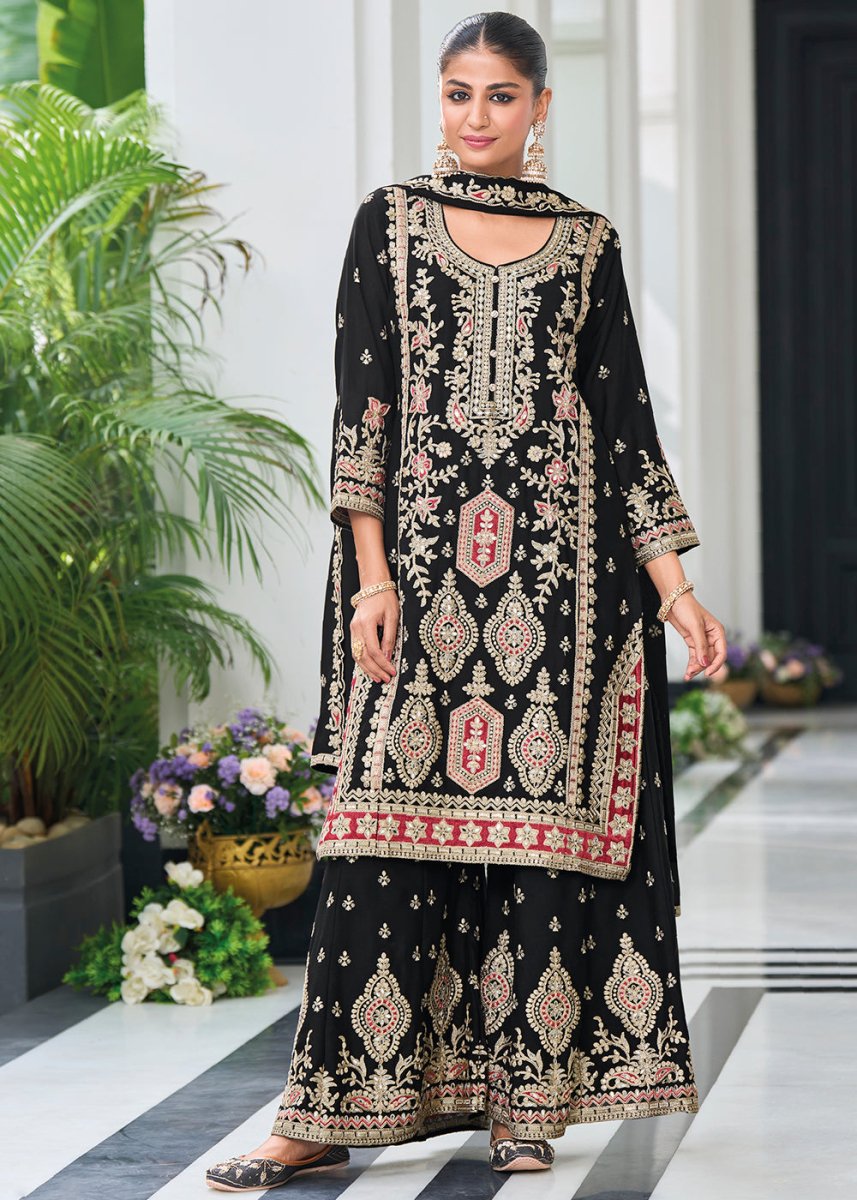 Mid Night Black Chinon Silk Palazzo Suit with Exquisite Embroidery - Eid Edition - House of Sarvati LLC