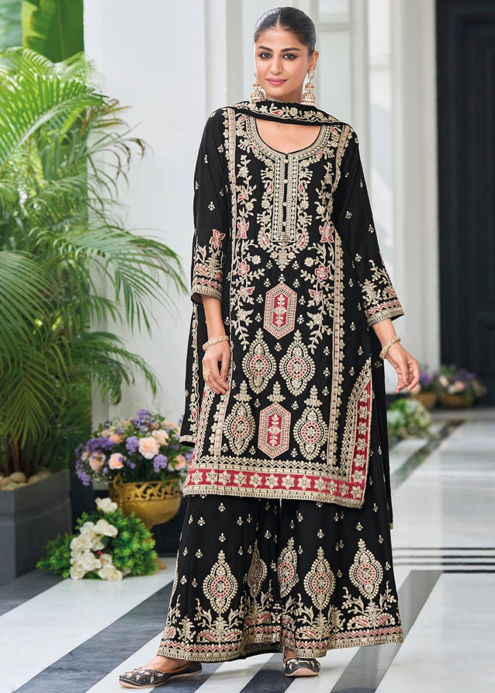 Mid Night Black Chinon Silk Palazzo Suit with Exquisite Embroidery - Eid Edition - House of Sarvati LLC
