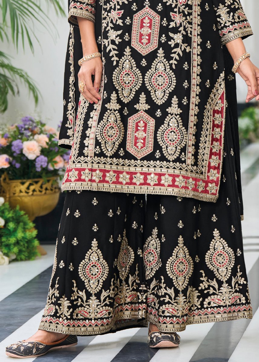 Mid Night Black Chinon Silk Palazzo Suit with Exquisite Embroidery - Eid Edition - House of Sarvati LLC