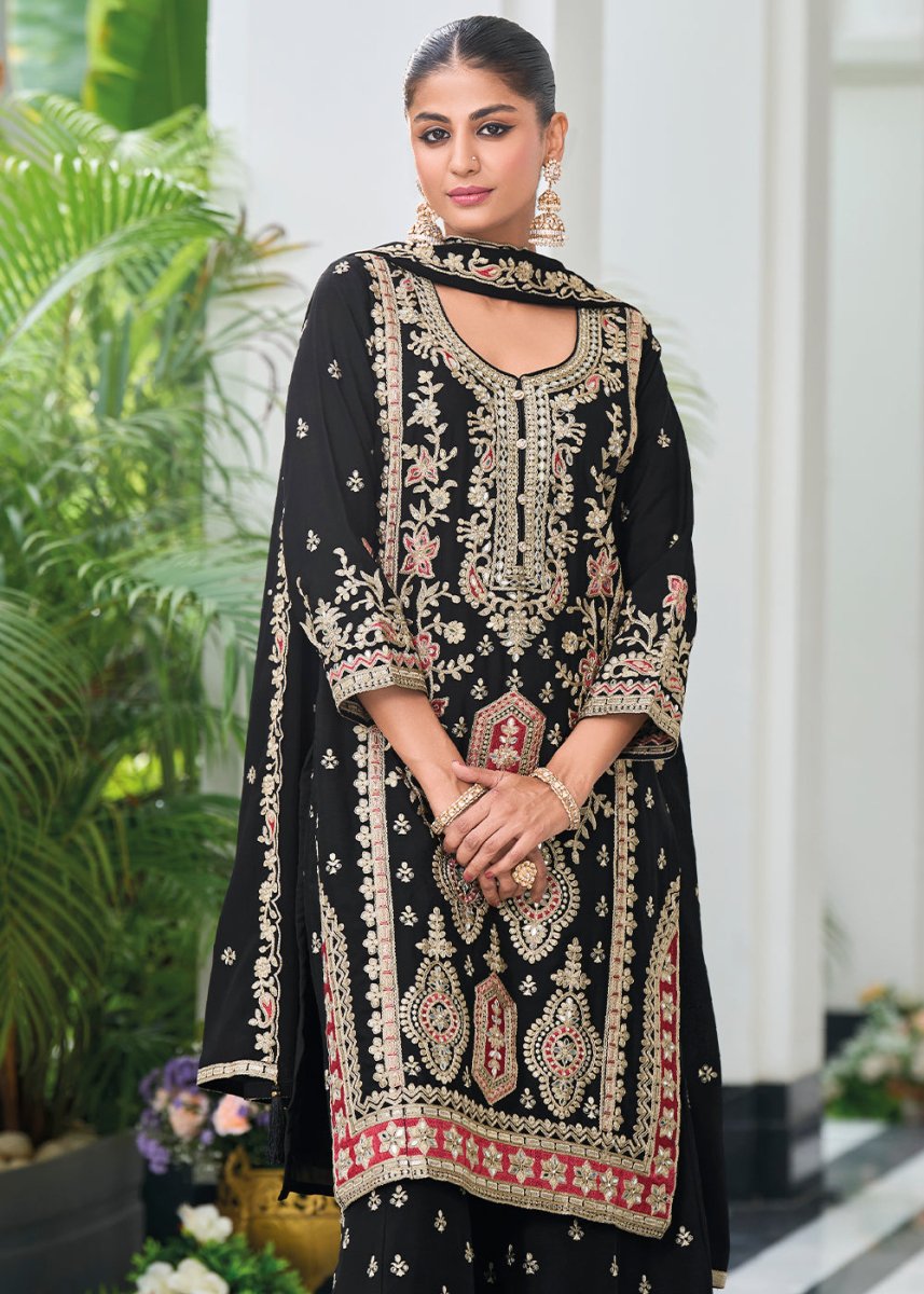 Mid Night Black Chinon Silk Palazzo Suit with Exquisite Embroidery - Eid Edition - House of Sarvati LLC