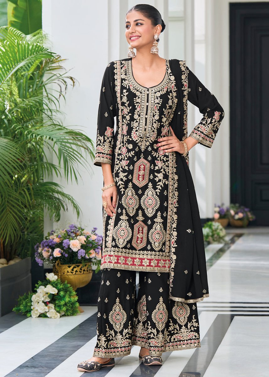 Mid Night Black Chinon Silk Palazzo Suit with Exquisite Embroidery - Eid Edition - House of Sarvati LLC