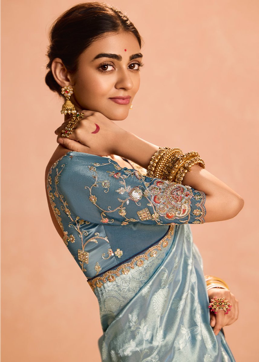 Middle Blue Designer Tissue Silk Saree with Zari & Embroidered Blouse - House of Sarvati LLC