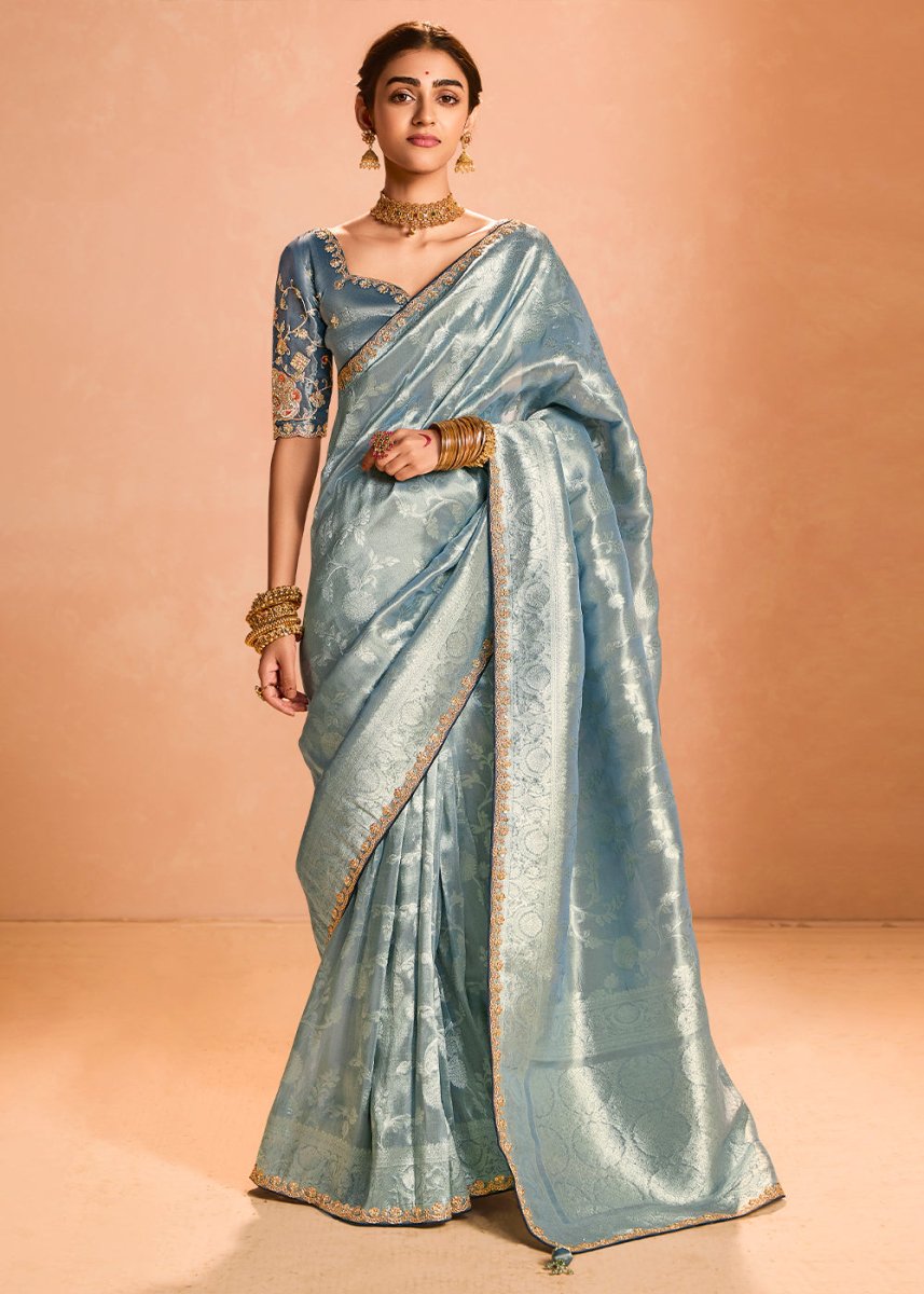 Middle Blue Designer Tissue Silk Saree with Zari & Embroidered Blouse - House of Sarvati LLC
