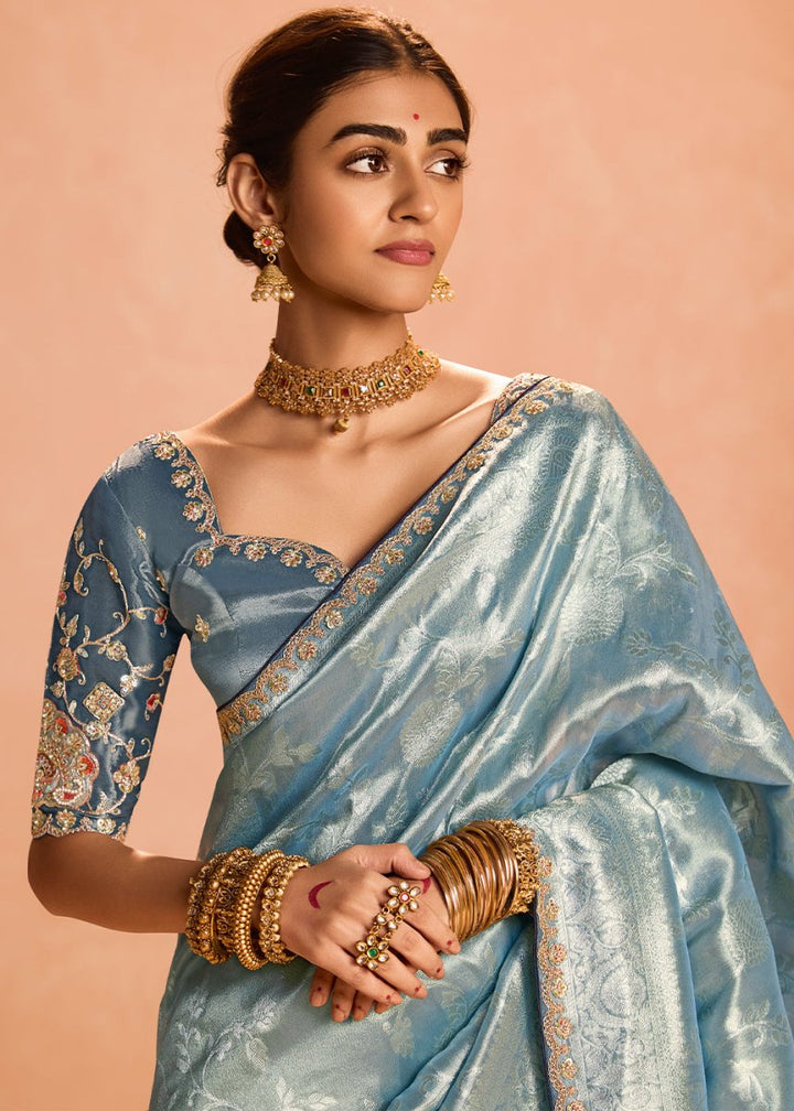 Middle Blue Designer Tissue Silk Saree with Zari & Embroidered Blouse - House of Sarvati LLC