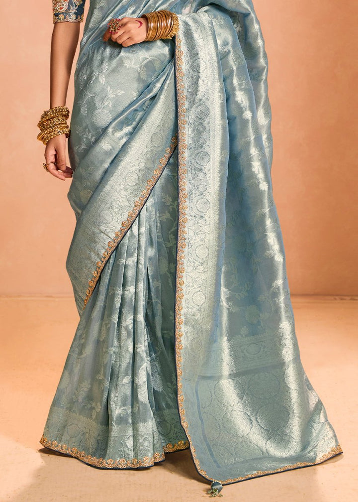 Middle Blue Designer Tissue Silk Saree with Zari & Embroidered Blouse - House of Sarvati LLC