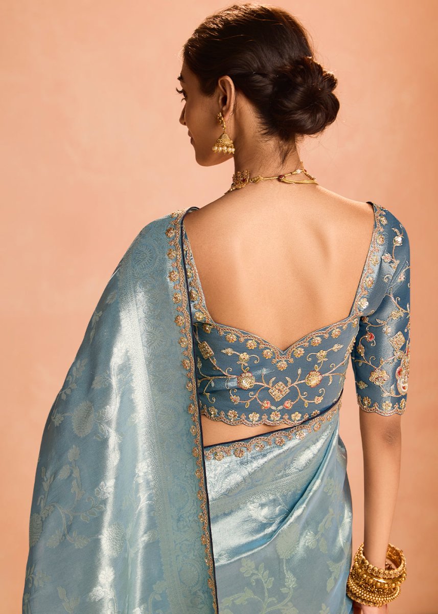 Middle Blue Designer Tissue Silk Saree with Zari & Embroidered Blouse - House of Sarvati LLC