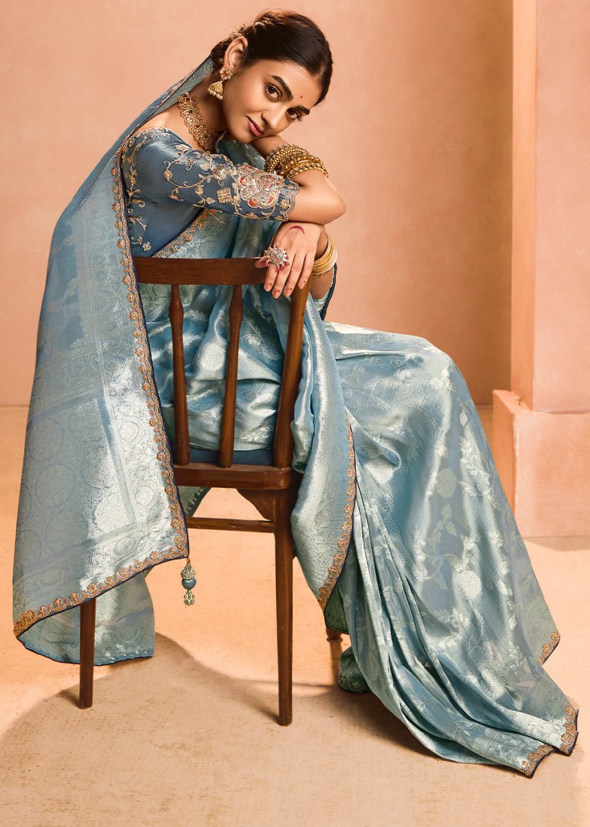 Middle Blue Designer Tissue Silk Saree with Zari & Embroidered Blouse - House of Sarvati LLC