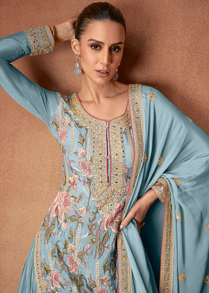 Middle Blue Festive Palazzo Suit with Elegant Floral Embroidery - House of Sarvati LLC