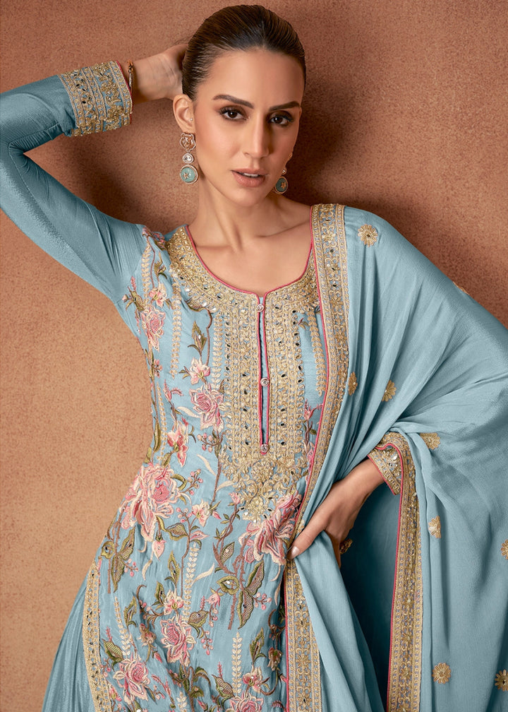 Middle Blue Festive Palazzo Suit with Elegant Floral Embroidery - House of Sarvati LLC