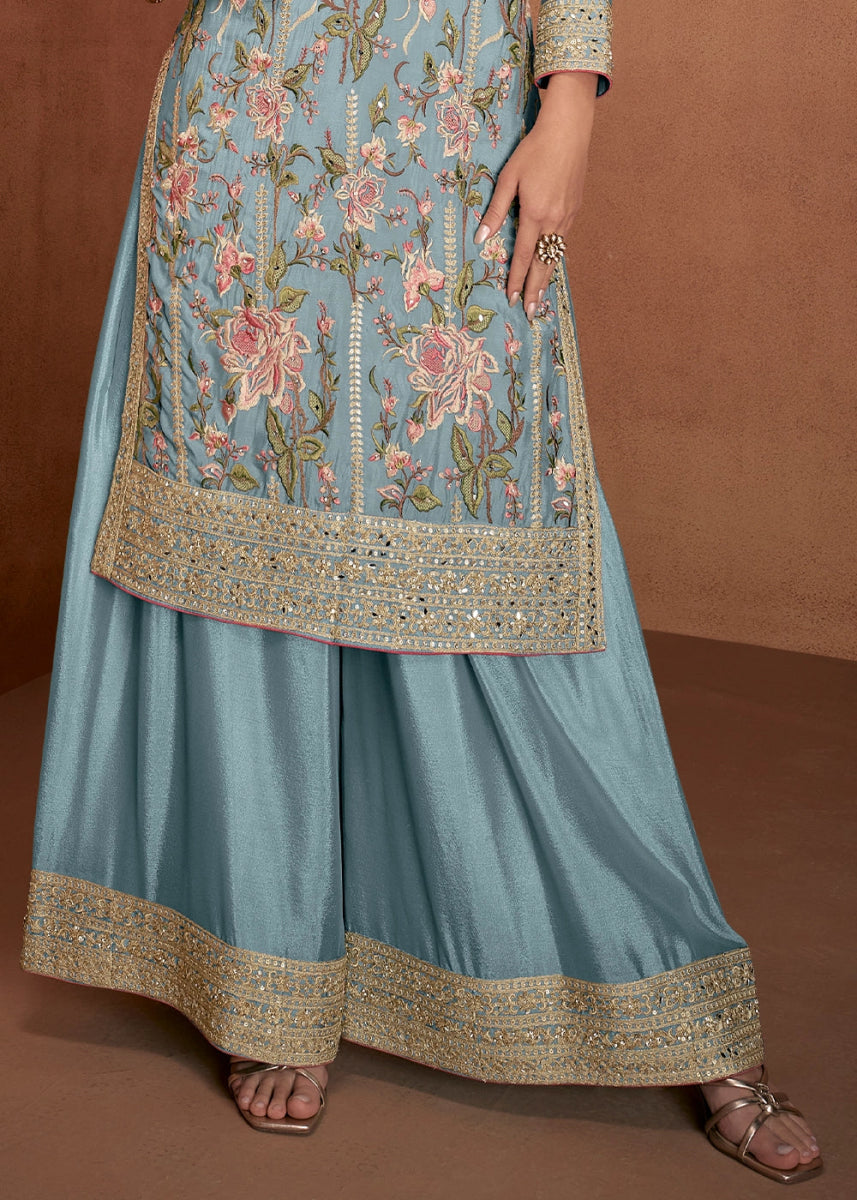 Middle Blue Festive Palazzo Suit with Elegant Floral Embroidery - House of Sarvati LLC
