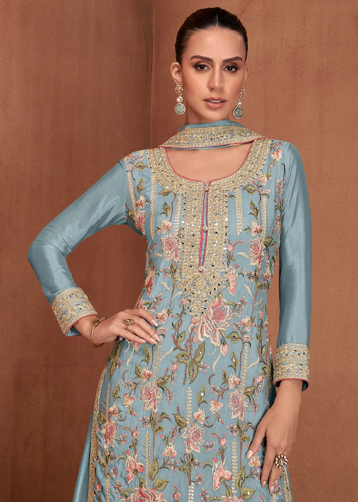 Middle Blue Festive Palazzo Suit with Elegant Floral Embroidery - House of Sarvati LLC