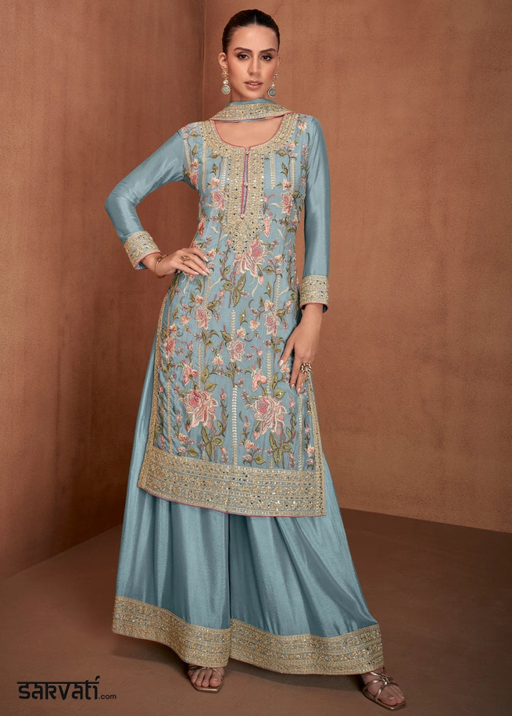 Middle Blue Festive Palazzo Suit with Elegant Floral Embroidery - House of Sarvati LLC