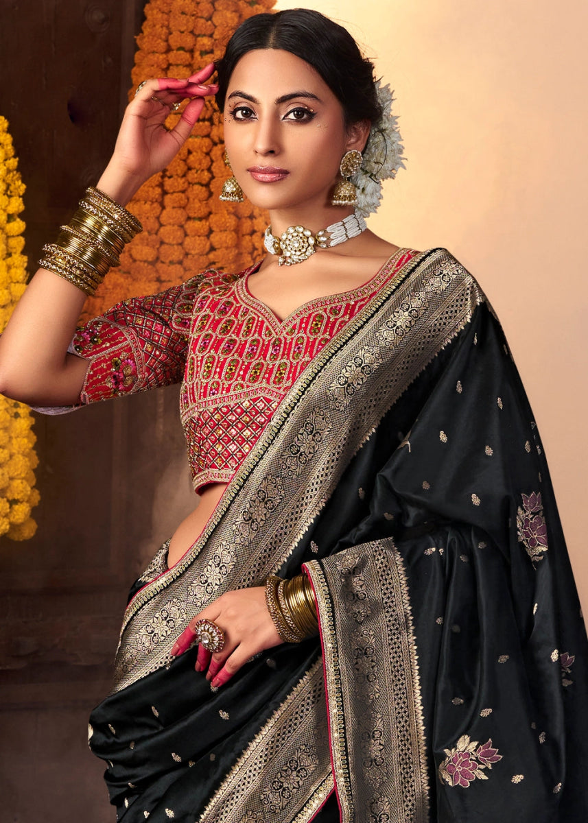 Midnight Black Banarasi Silk Saree with Handcrafted Embroidered Blouse - House of Sarvati LLC