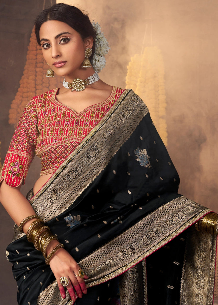 Midnight Black Banarasi Silk Saree with Handcrafted Embroidered Blouse - House of Sarvati LLC