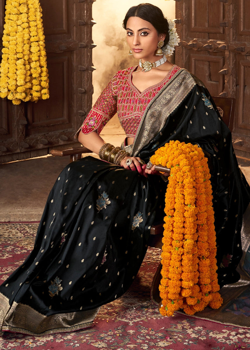 Midnight Black Banarasi Silk Saree with Handcrafted Embroidered Blouse - House of Sarvati LLC