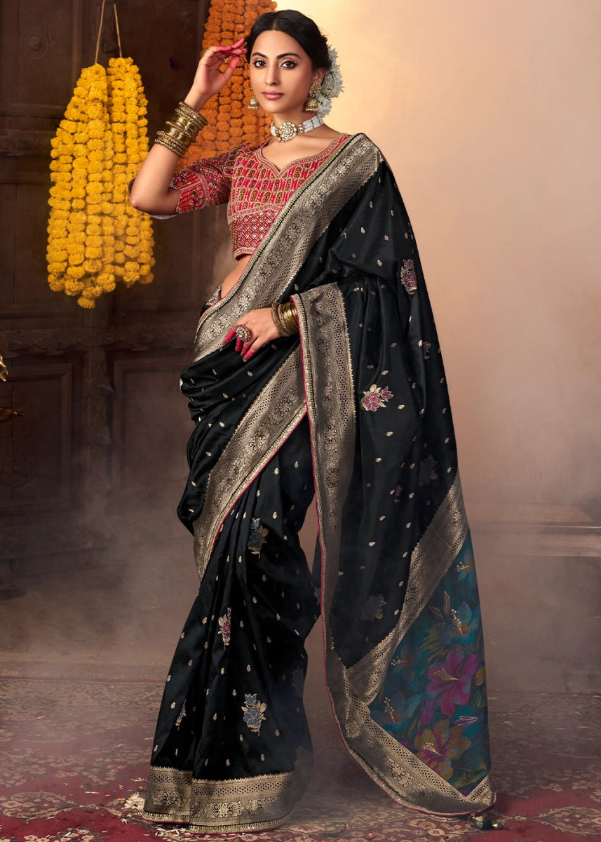 Midnight Black Banarasi Silk Saree with Handcrafted Embroidered Blouse - House of Sarvati LLC