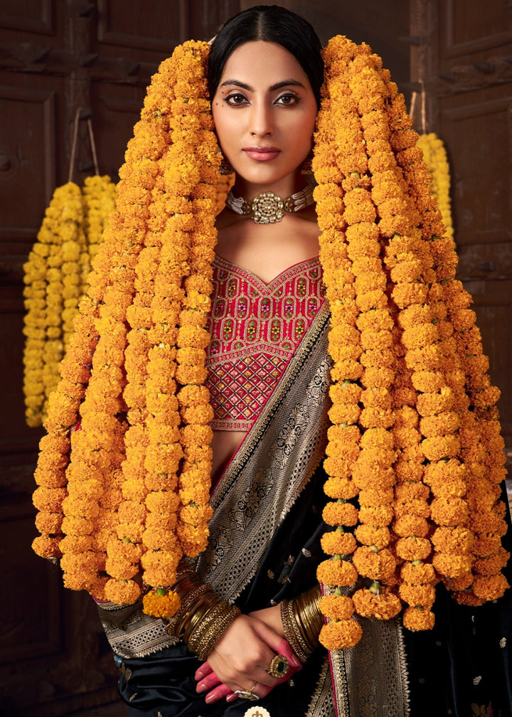 Midnight Black Banarasi Silk Saree with Handcrafted Embroidered Blouse - House of Sarvati LLC
