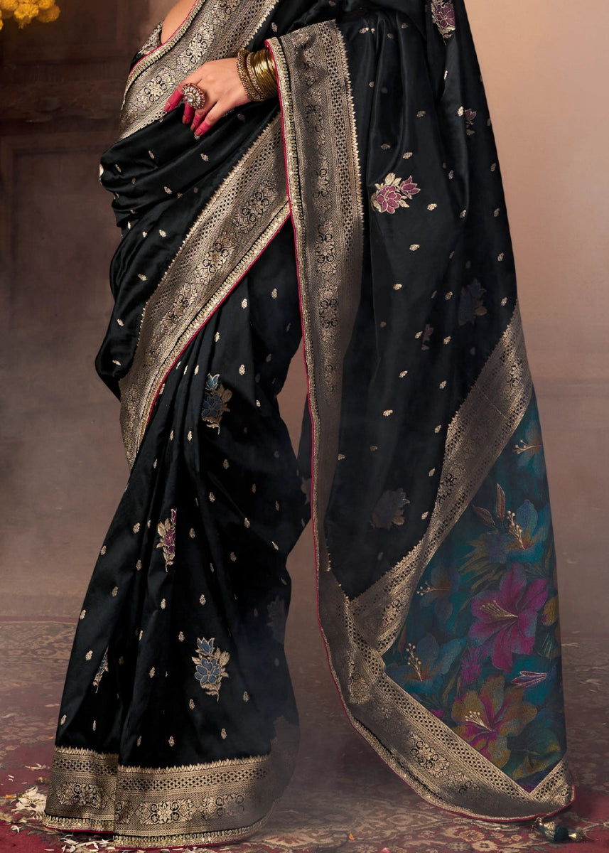 Midnight Black Banarasi Silk Saree with Handcrafted Embroidered Blouse - House of Sarvati LLC