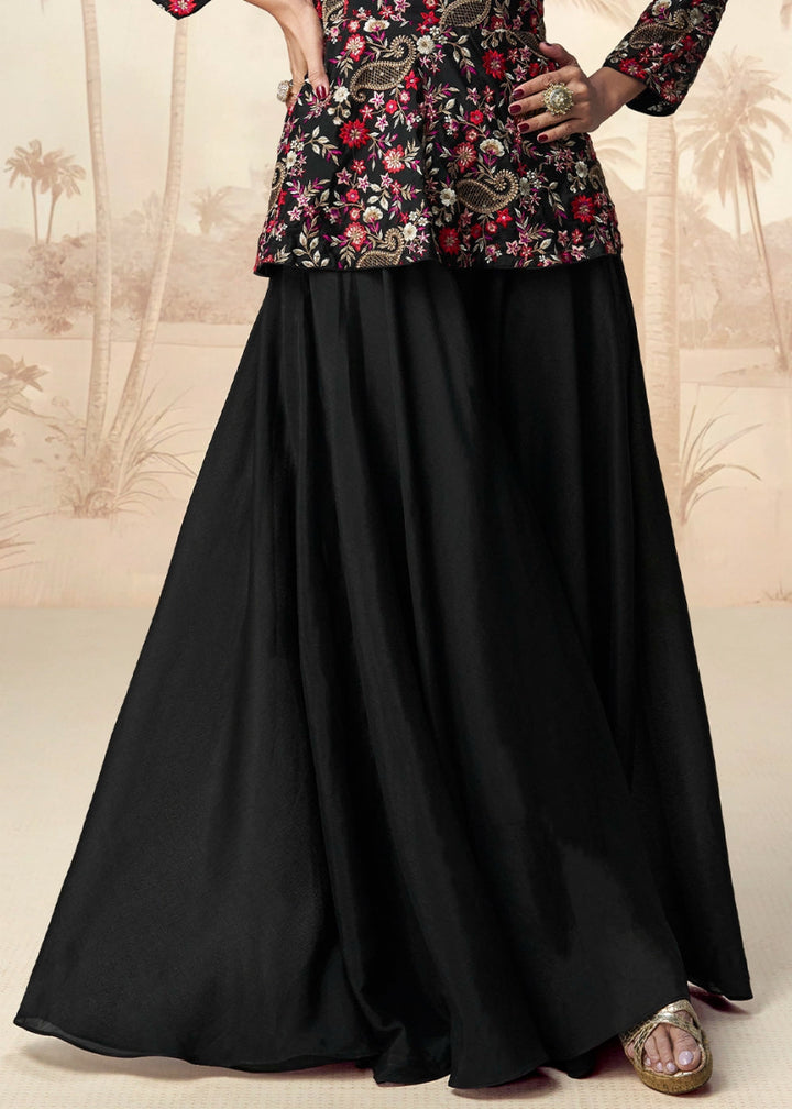 Midnight Black Chinon Silk Palazzo Set with Pastel Floral Embroidery - House of Sarvati LLC