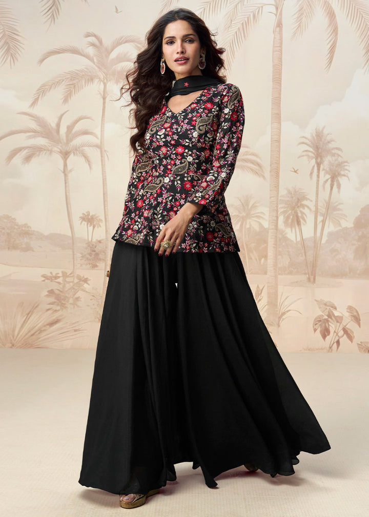Midnight Black Chinon Silk Palazzo Set with Pastel Floral Embroidery - House of Sarvati LLC