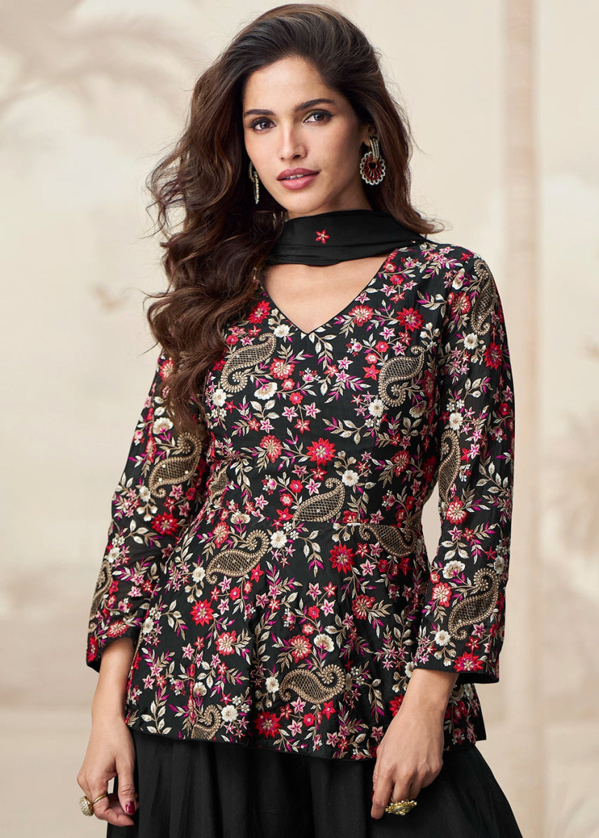 Midnight Black Chinon Silk Palazzo Set with Pastel Floral Embroidery - House of Sarvati LLC