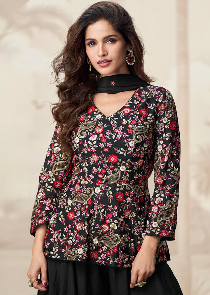 Midnight Black Chinon Silk Palazzo Set with Pastel Floral Embroidery - House of Sarvati LLC