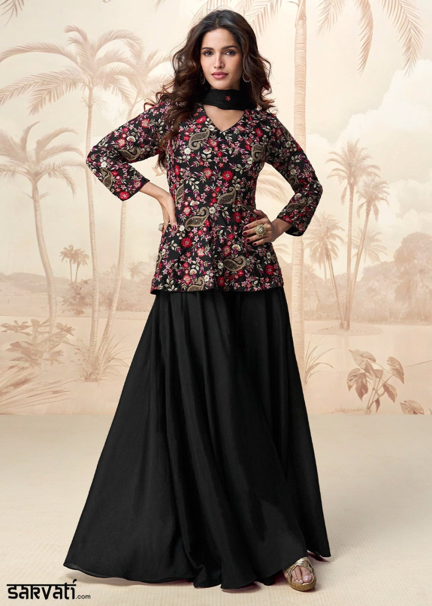 Midnight Black Chinon Silk Palazzo Set with Pastel Floral Embroidery - House of Sarvati LLC